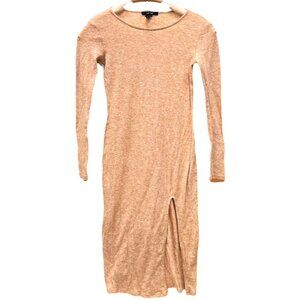 Forever 21 Nude/Peach RIbbed Knit Midi Sweater Dress Slit Long sleeve Bodycon SM